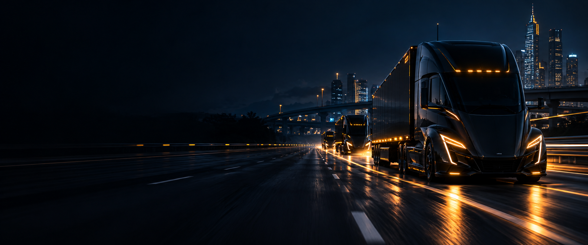 Trucks driving a city highway at night